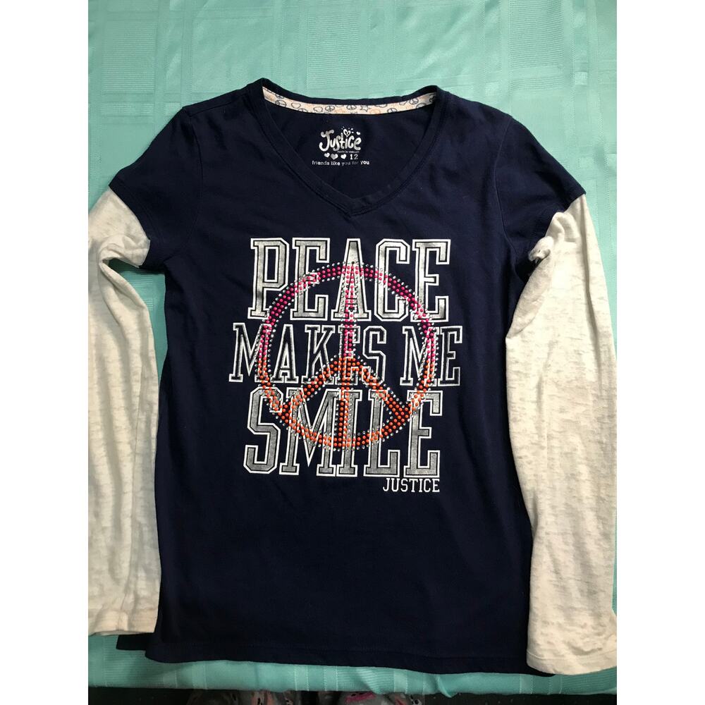 Justice‎ Graphic Tee Navy Blue Peace Makes Me Smile Rhinestone Layered Shirt 12